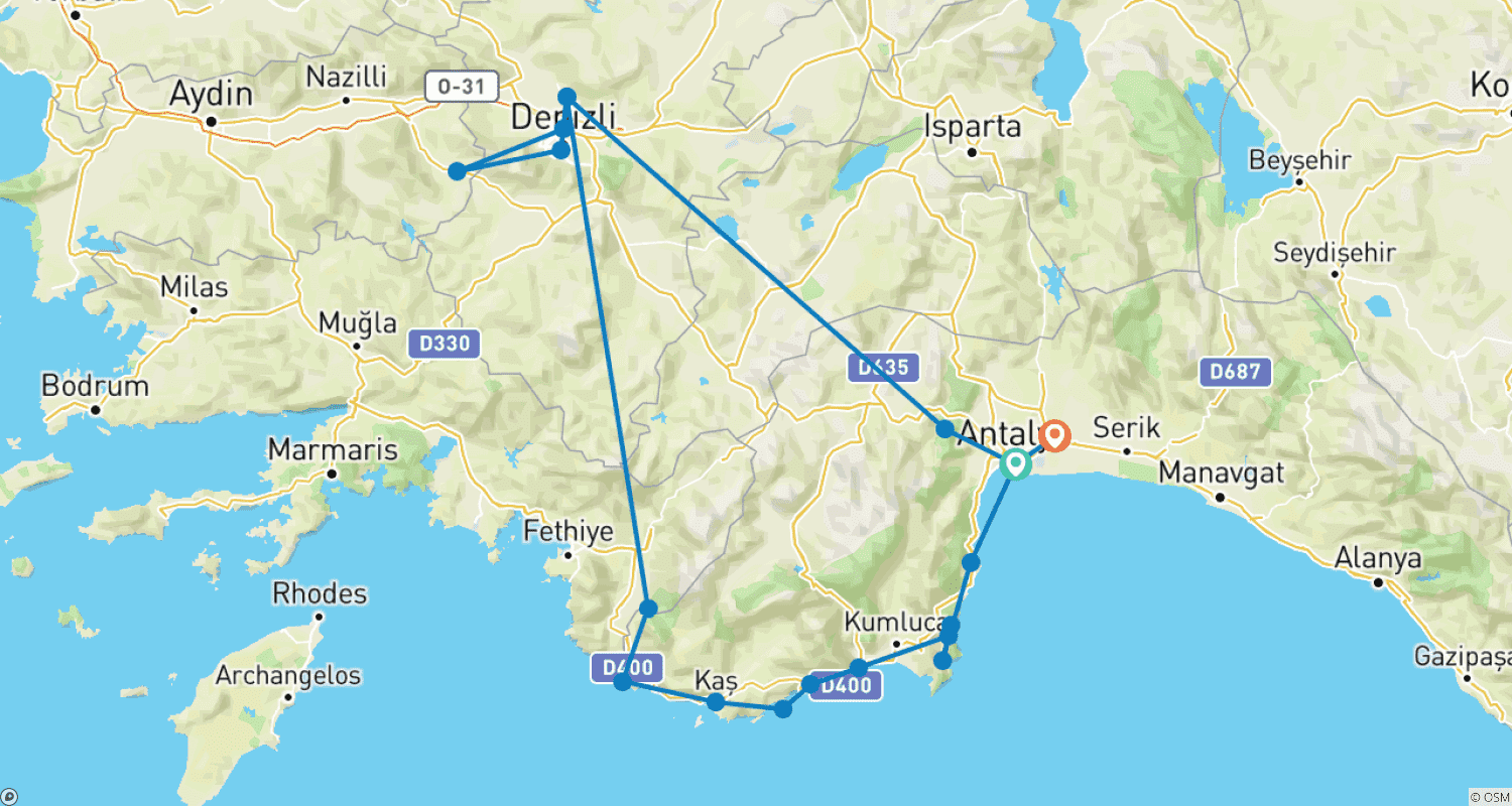 Mapa trasy: Antalya, Pamukkale and Kas, Self-drive