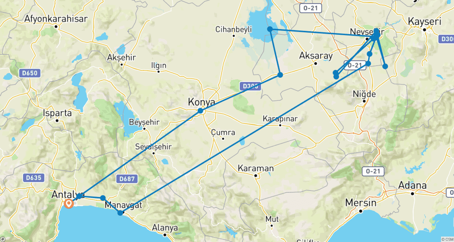 From Antalya to Cappadocia, Self-driveのルートマップ