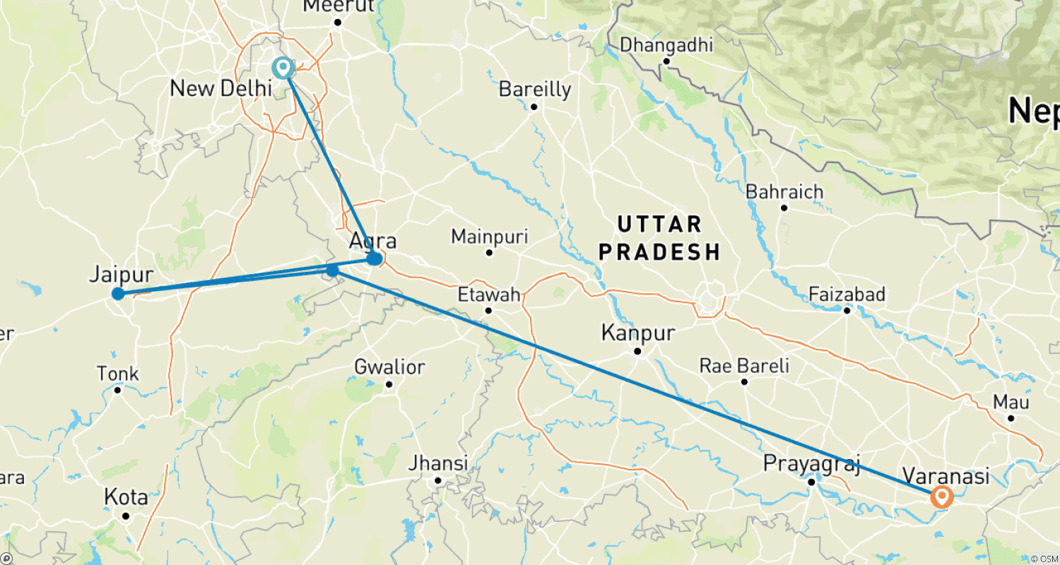 Mapa do percurso de Excursão de Luxo Triângulo Dourado de 6 Noites e 7 Dias com Varanasi (Hotéis 5 Estrelas)