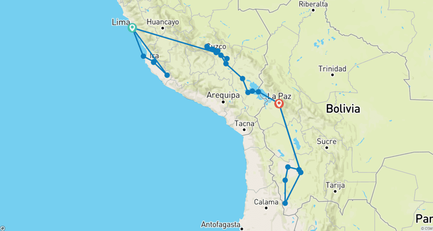 خريطة مسار The Best of Peru & Bolivia Budget: Lima, Paracas, Huacachina, Nazca Lines, Cusco, Sacred Valley, Machupicchu, Rainbow Mountain, Humantay Lake or Moray & Salt Mines, Titicaca Lake, Copacabana, Sun Island, Uyuni Salt Flats & All Lagoons