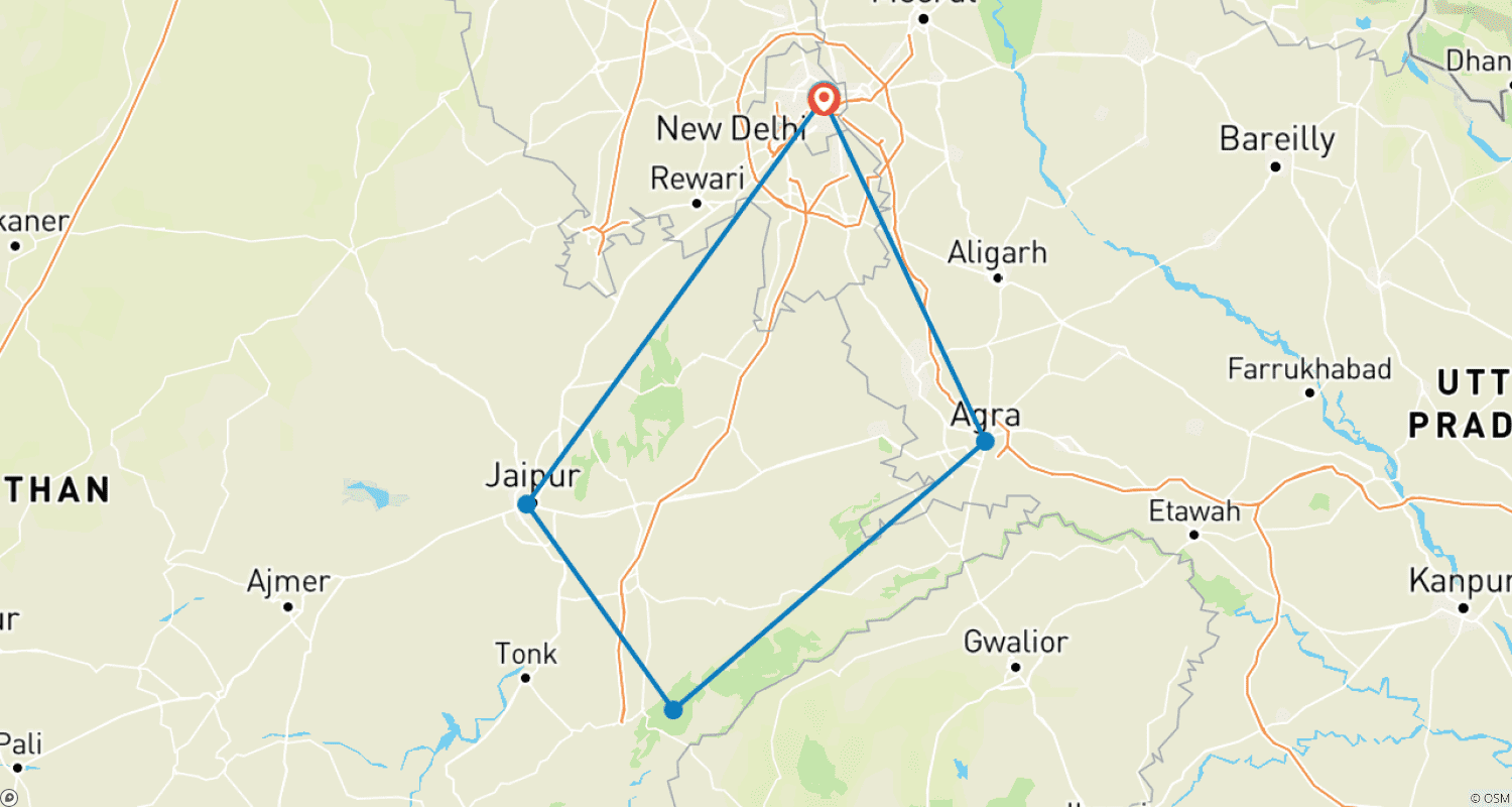 Mapa trasy: Złoty Trójkąt z Parkiem Narodowym Ranthambhore
