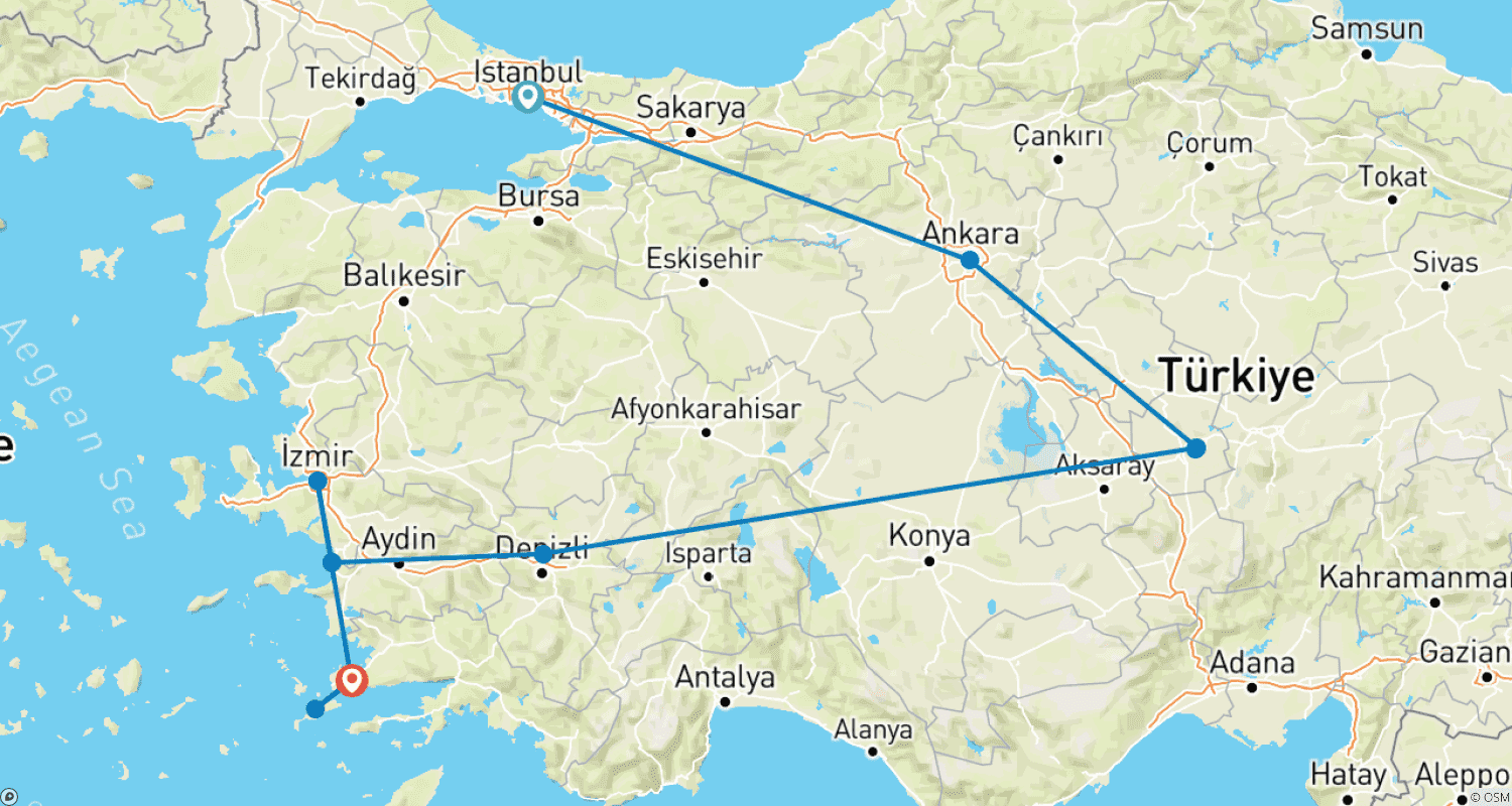 Mapa do percurso de Turquia Única e Bodrum (Série Clássica)