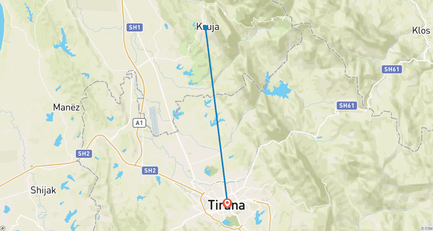 Mapa do percurso de Excursão Privada de Um Dia a Kruja e à Gruta Sagrada de Sari Salltik