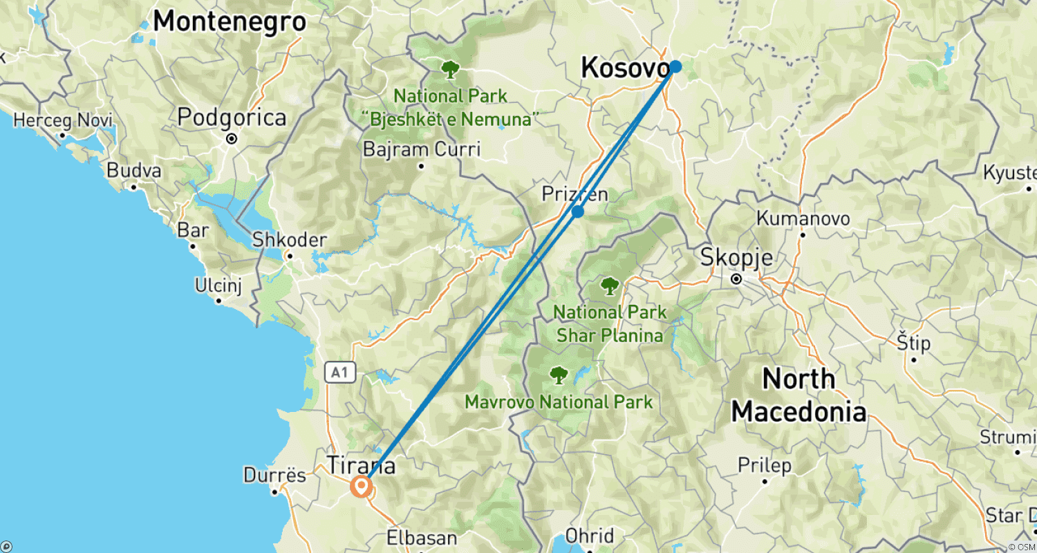 Mapa do percurso de Excursão de um Dia a Pristina e Prizren saindo de Tirana