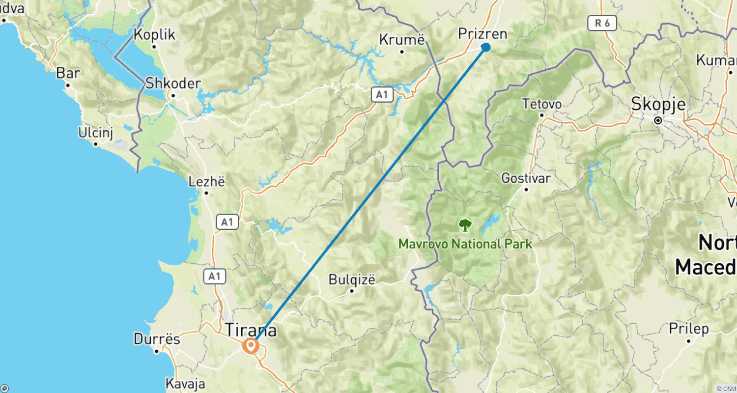Mapa trasy: Prywatna jednodniowa wycieczka do Prizren z Tirany