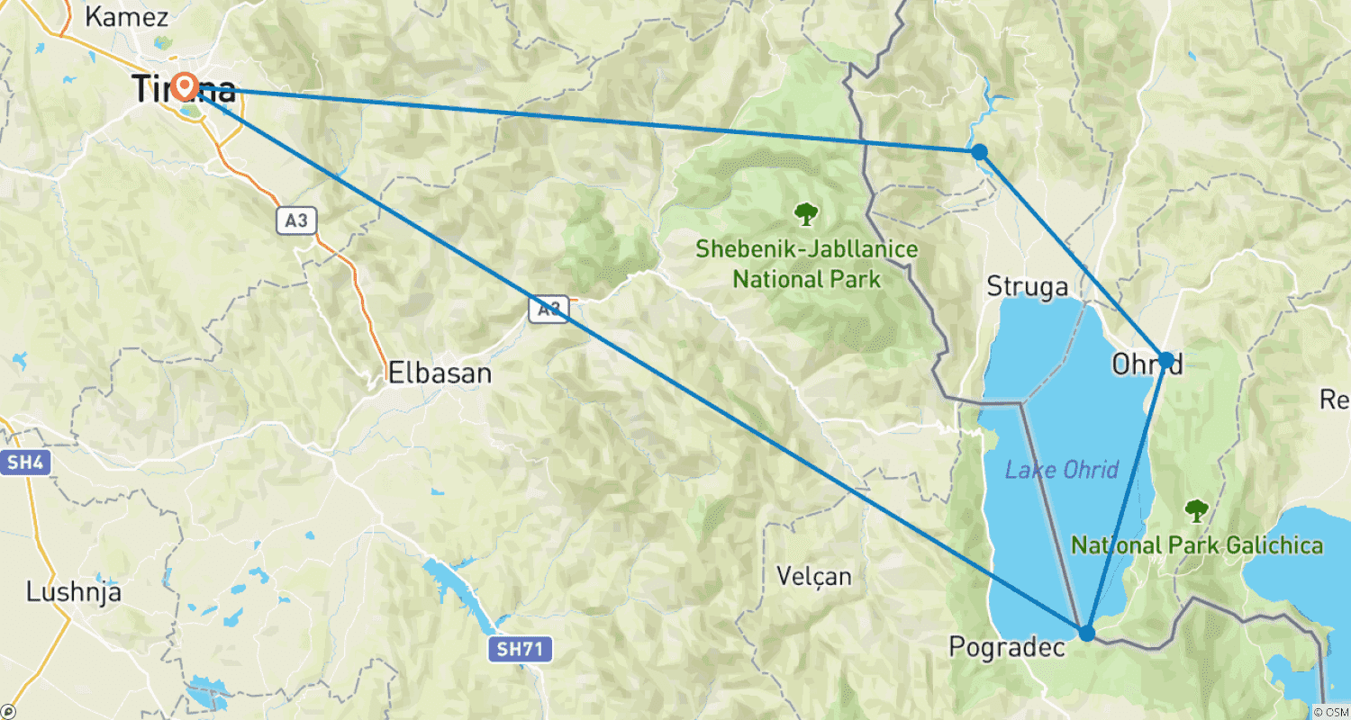 Mapa do percurso de Excursão de um Dia a Ohrid saindo de Tirana