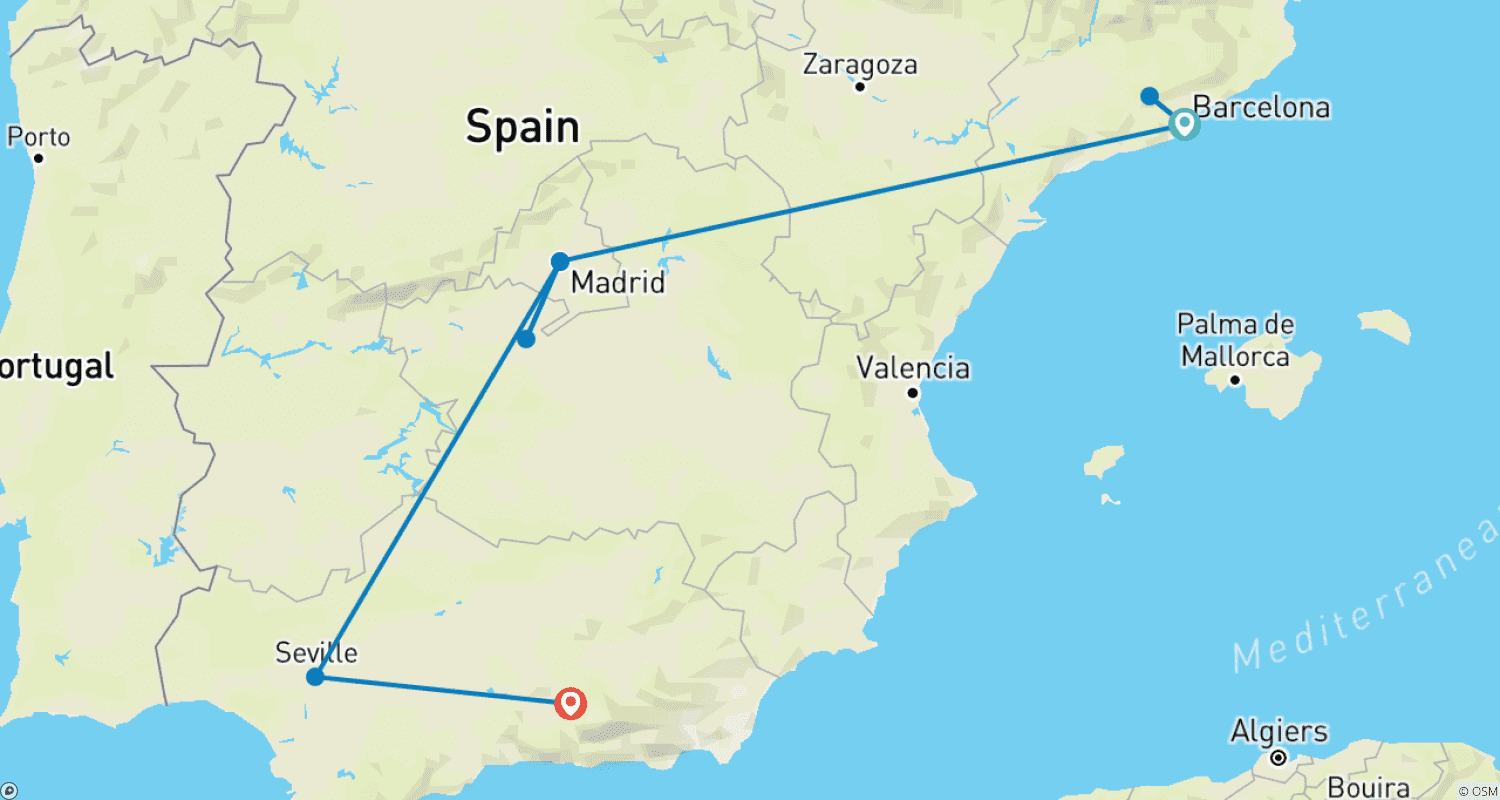 Mapa do percurso de Espanha em 10 Dias - Cobrindo Barcelona, Sevilha e Madrid