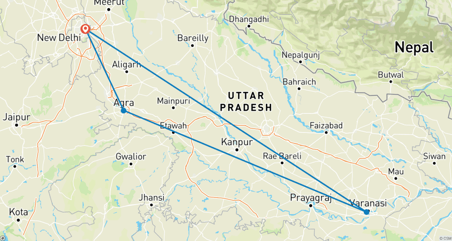 Mapa trasy: Z DELHI: Nocleg w Agrze z wycieczką do Varanasi pociągiem Indian Railway