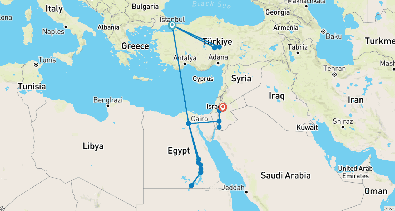 خريطة مسار أفضل ما في تركيا ومصر والأردن (إسطنبول/كابادوكيا/القاهرة/رحلة نيلية/البتراء) جميع الرحلات الجوية مشمولة