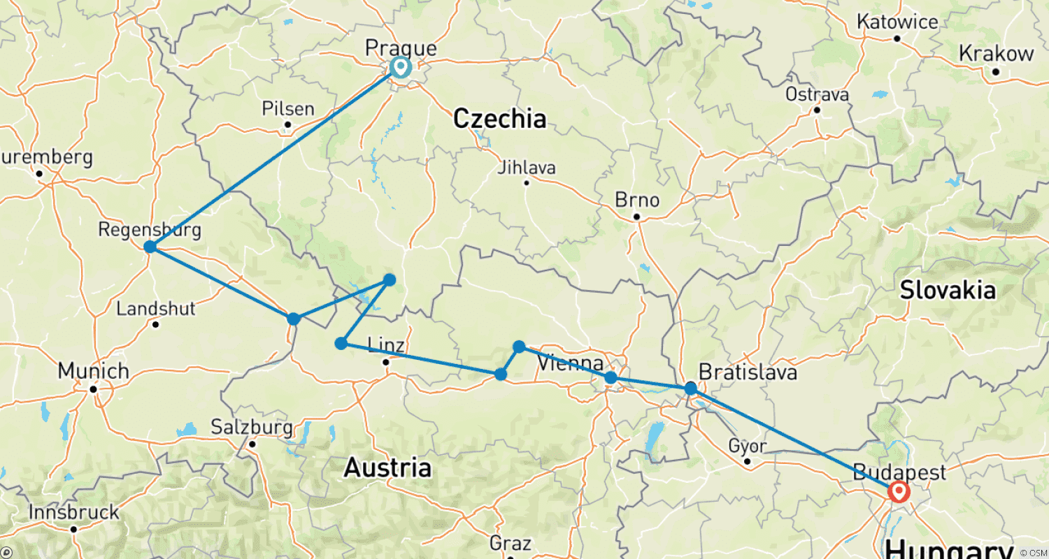 Mapa do percurso de Joias do Danúbio com Praga 2026|2027
