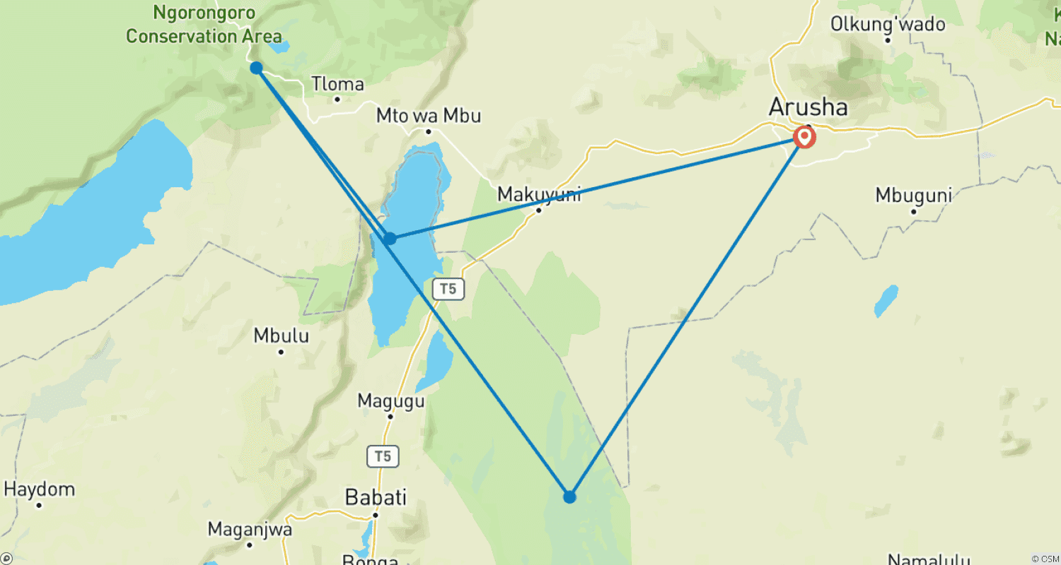 Mapa do percurso de 3 Dias: Lago Manyara, Ngorongoro e Tarangire