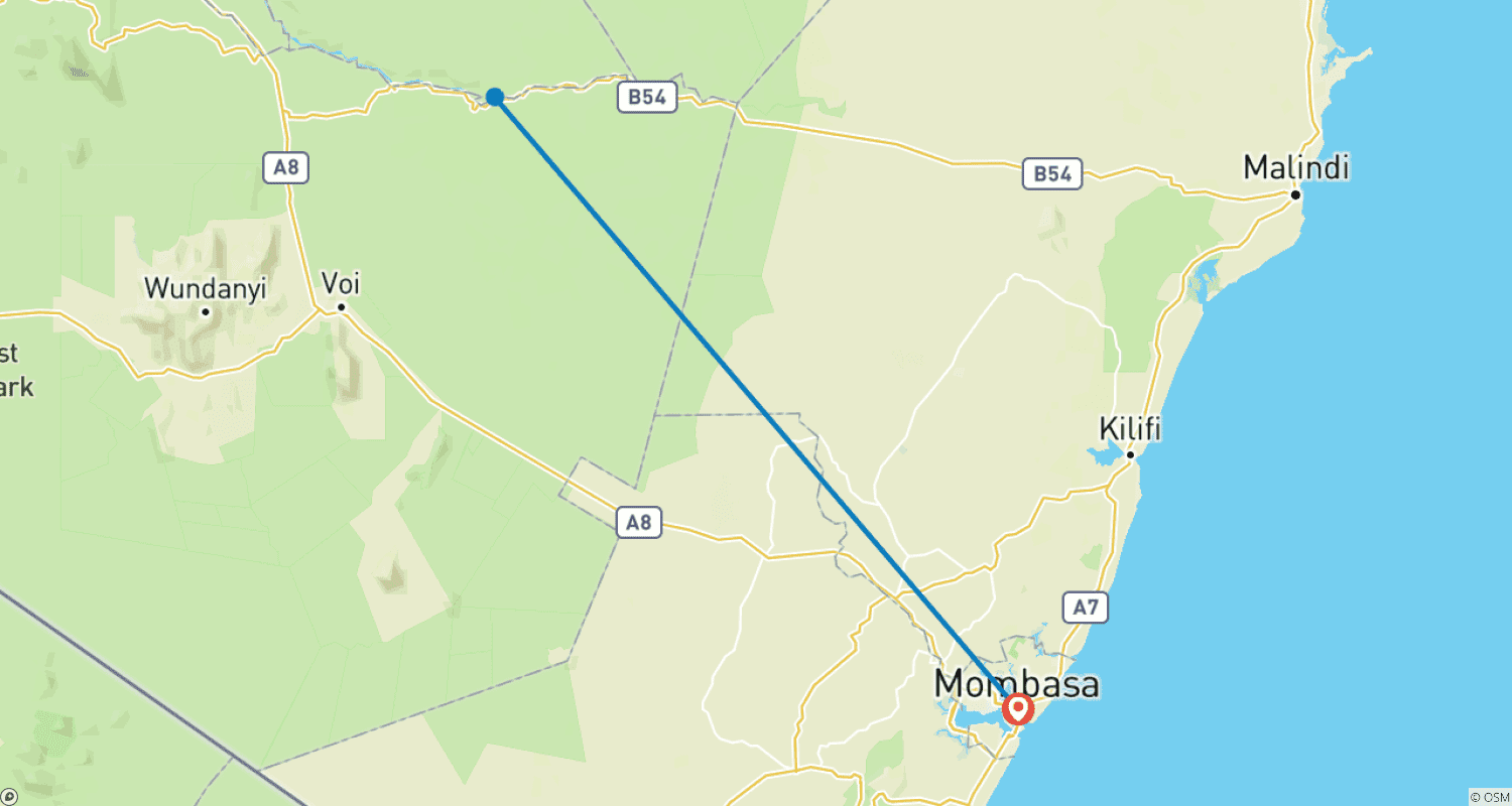 Mapa do percurso de Da Praia à Savana: Safari de 1 Dia em Tsavo East partindo de Mombasa