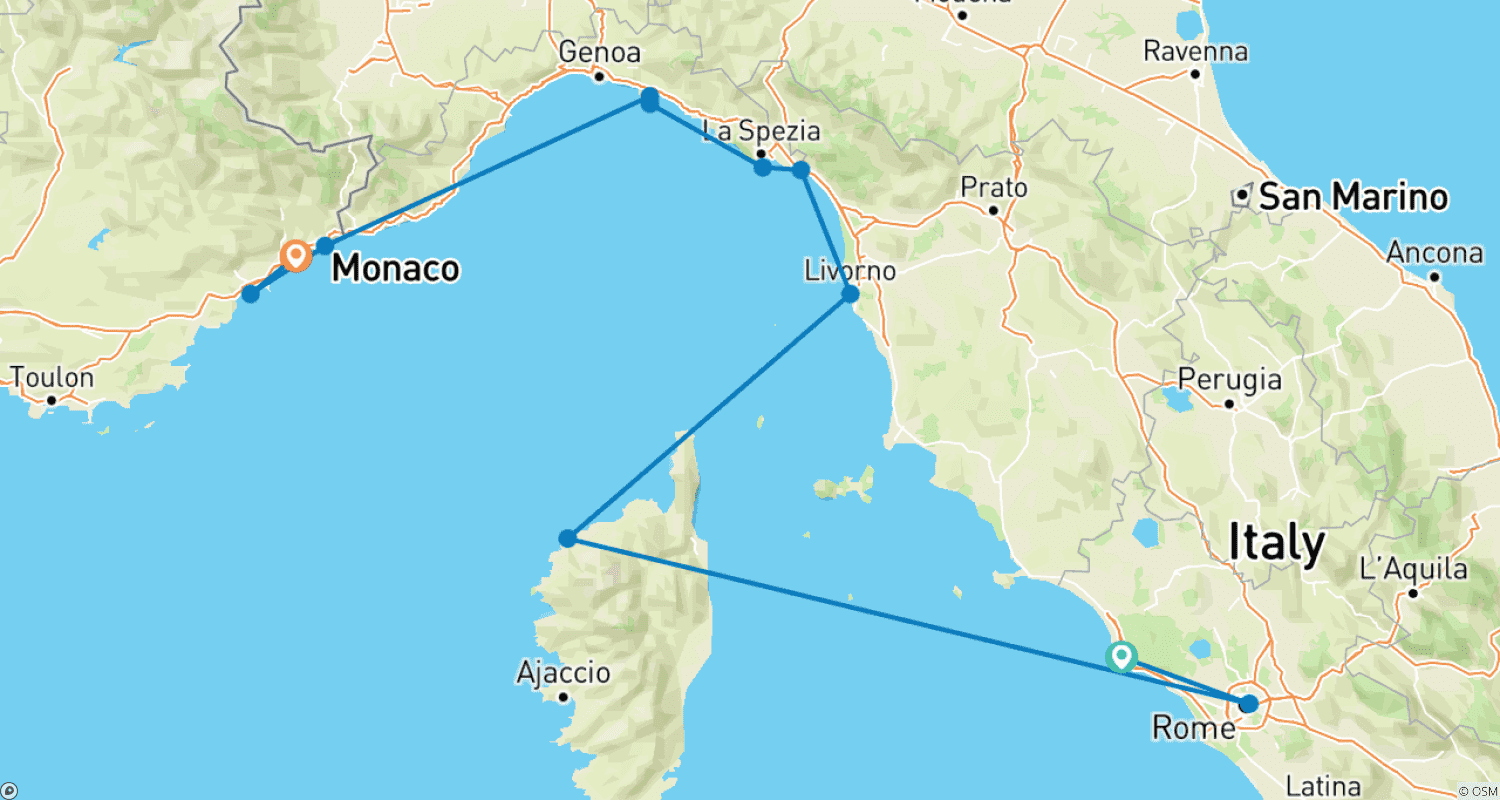 Mapa do percurso de Rivieras Francesa e Italiana com Córsega 2026 - 8 Dias (de Civitavecchia a Nice)