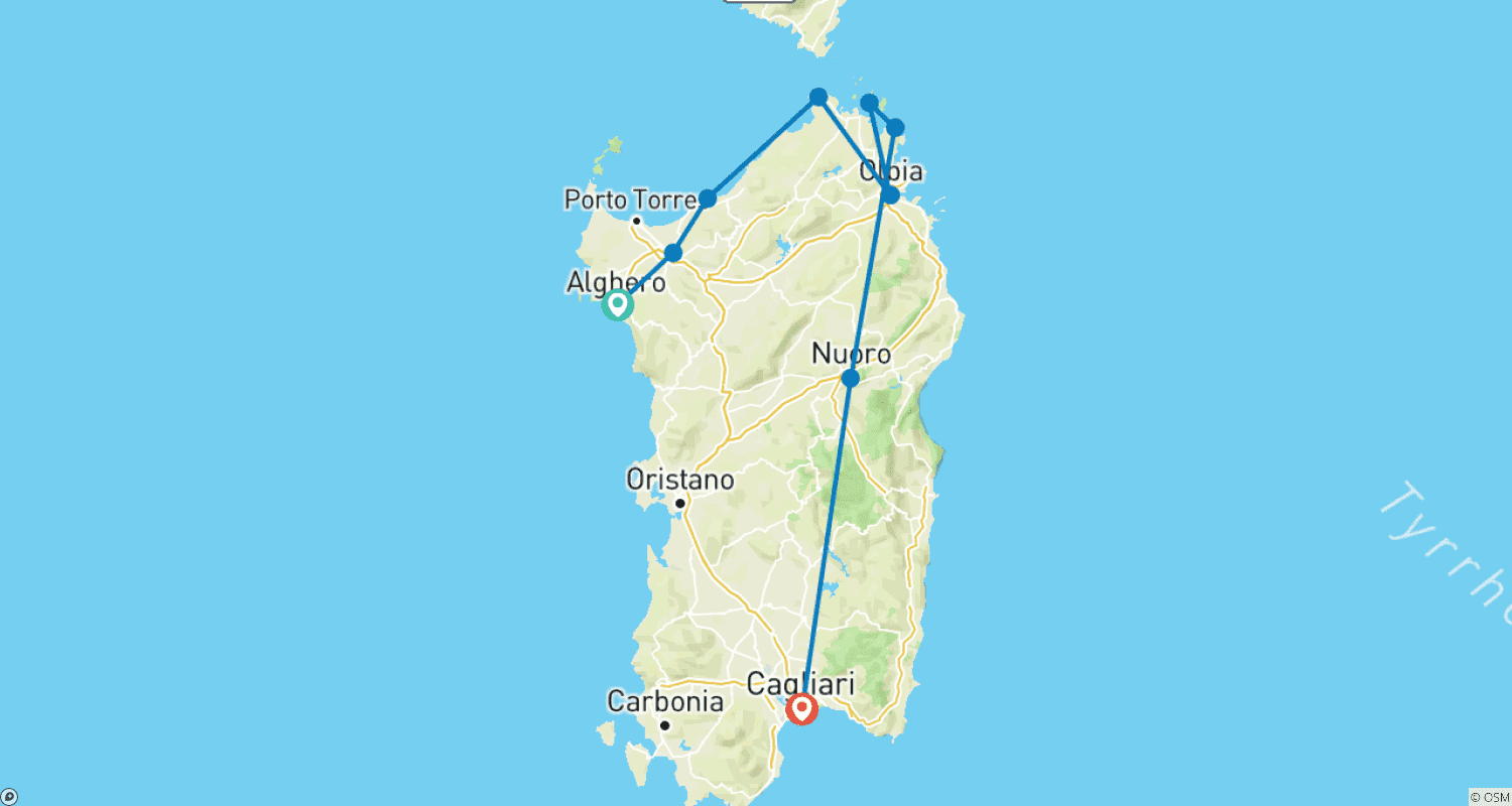 North to South Sardinia Expressのルートマップ