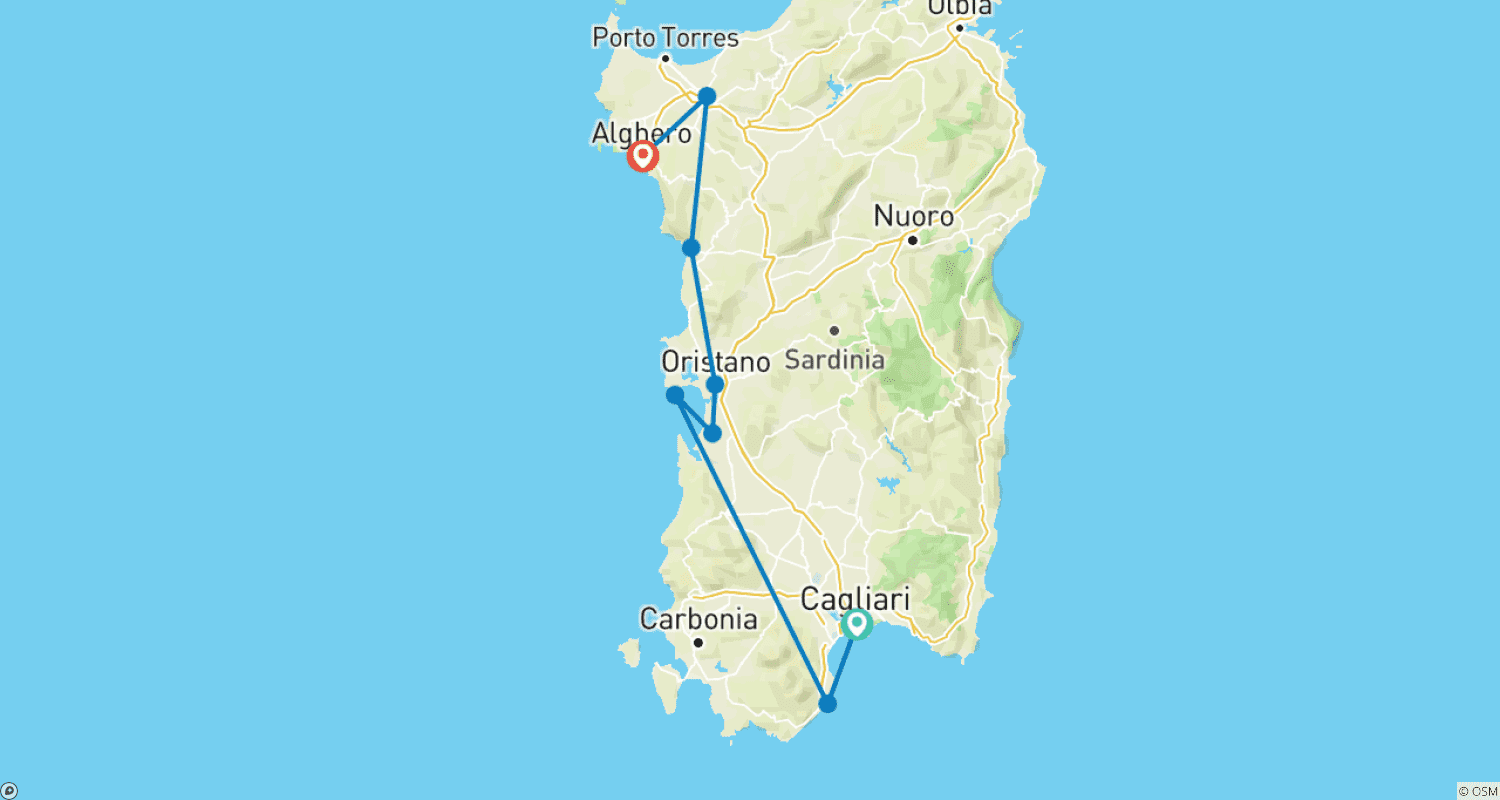 Mapa do percurso de South to North Sardinia Express