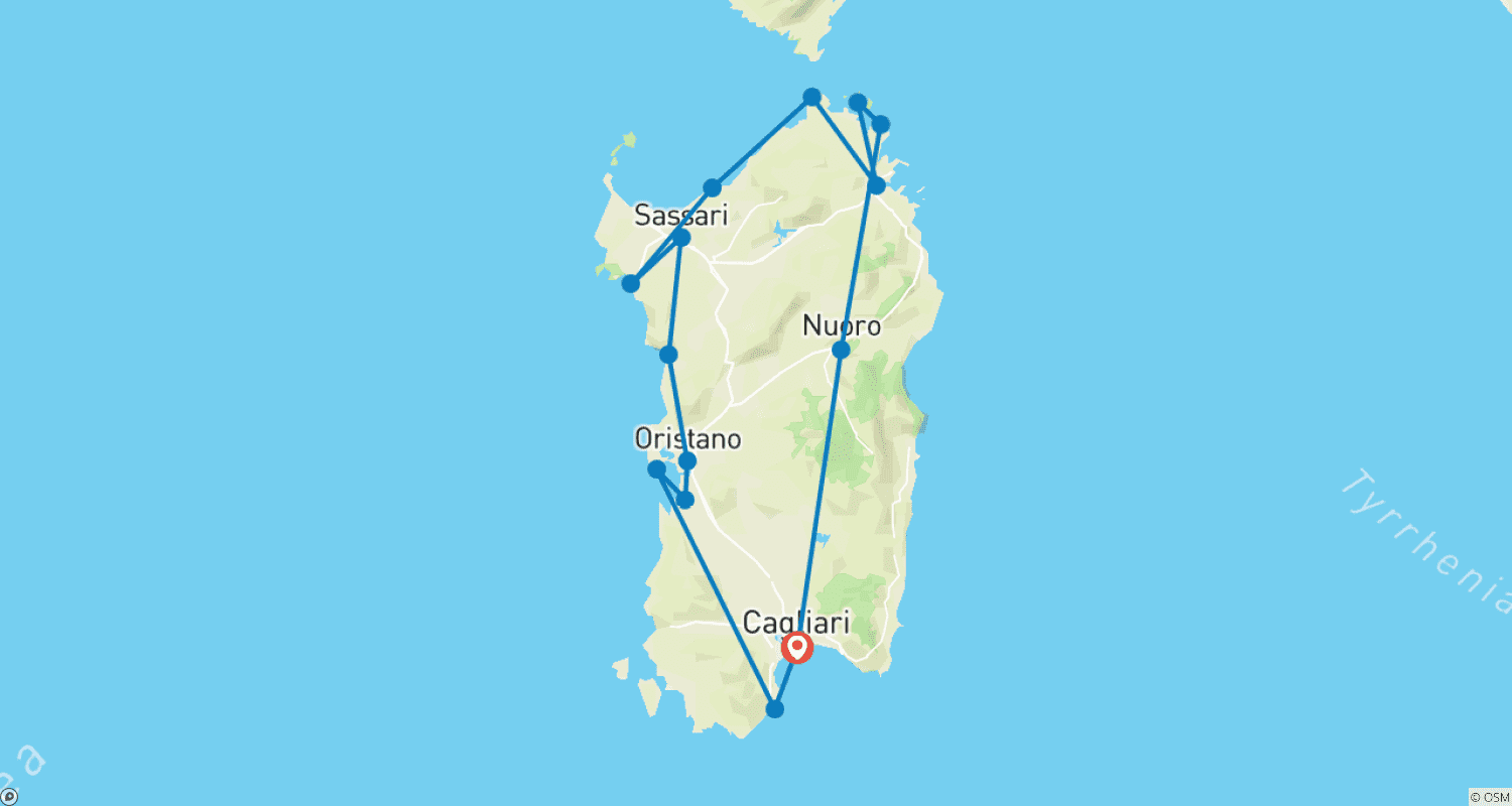 サルデーニャの旅：8日間の島巡りの冒険のルートマップ