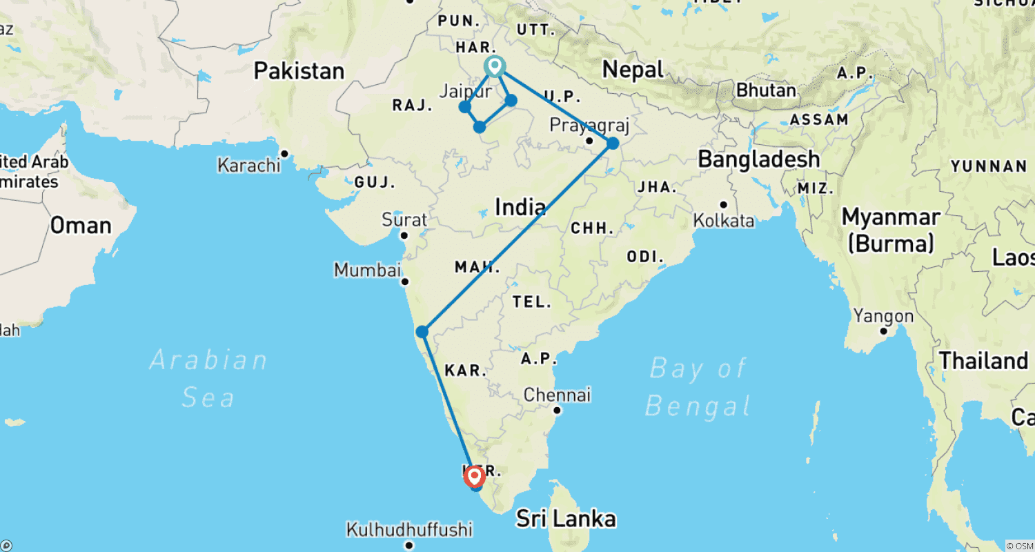 Mapa trasy: Odkrycie Indii: Tadź Mahal, Tygrysy, Forty, Ganges, Plaże, Rozlewiska