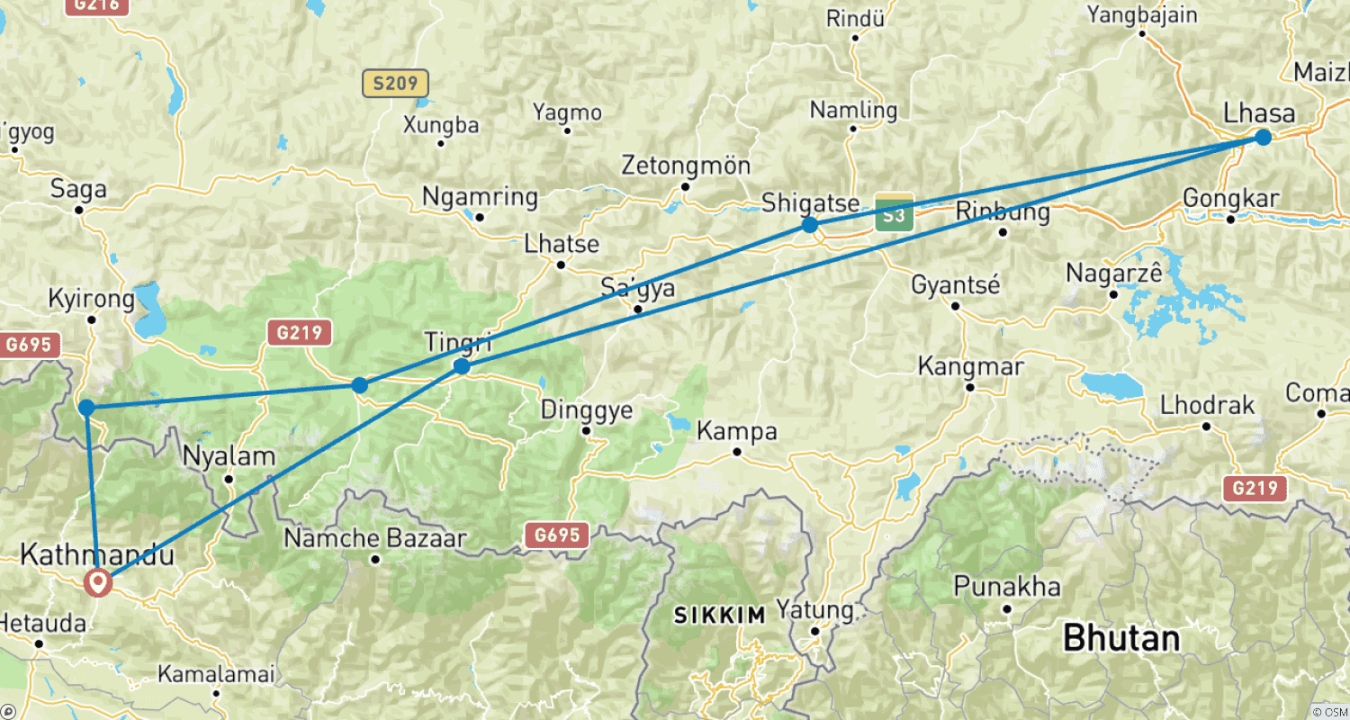 Mapa do percurso de Excursão de 8 Dias a Lhasa saindo de Kathmandu