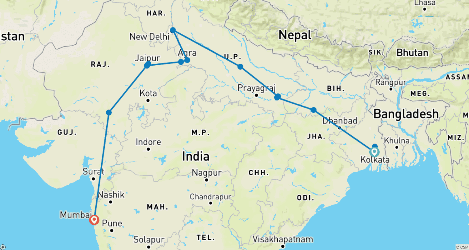 خريطة مسار جولة المأكولات من Kolkata إلى Mumbai - نكهات الهند [17 يومًا]
