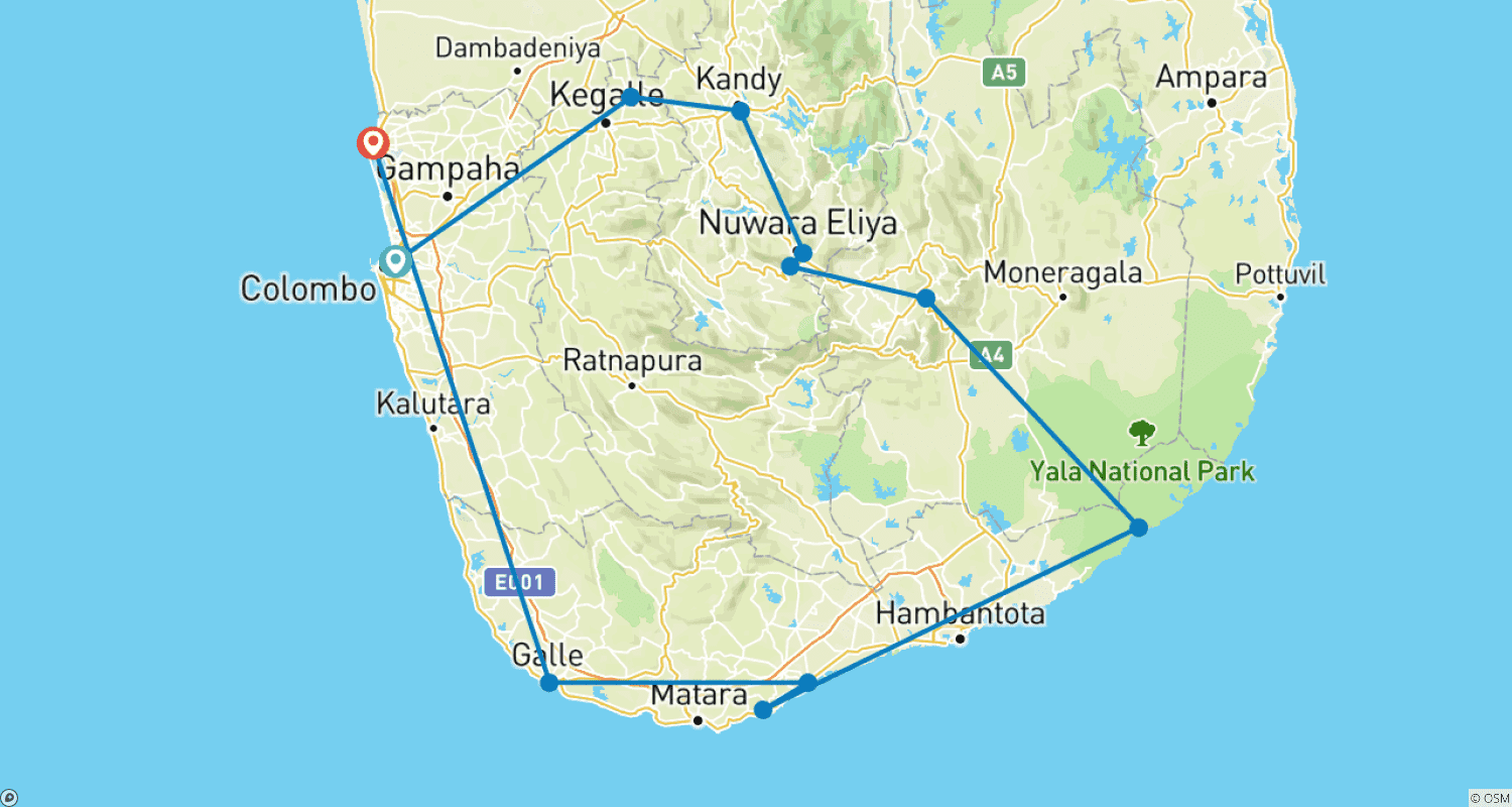 Mapa trasy: Wyjątkowa Sri Lanka – 10-dniowa wycieczka w małej grupie