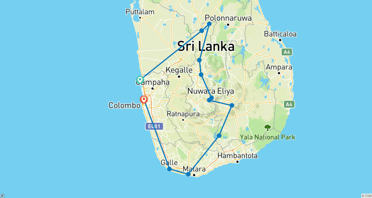 Mapa do percurso de Destaques do Sri Lanka – Excursão Confortável em Grupo Pequeno de 11 Dias