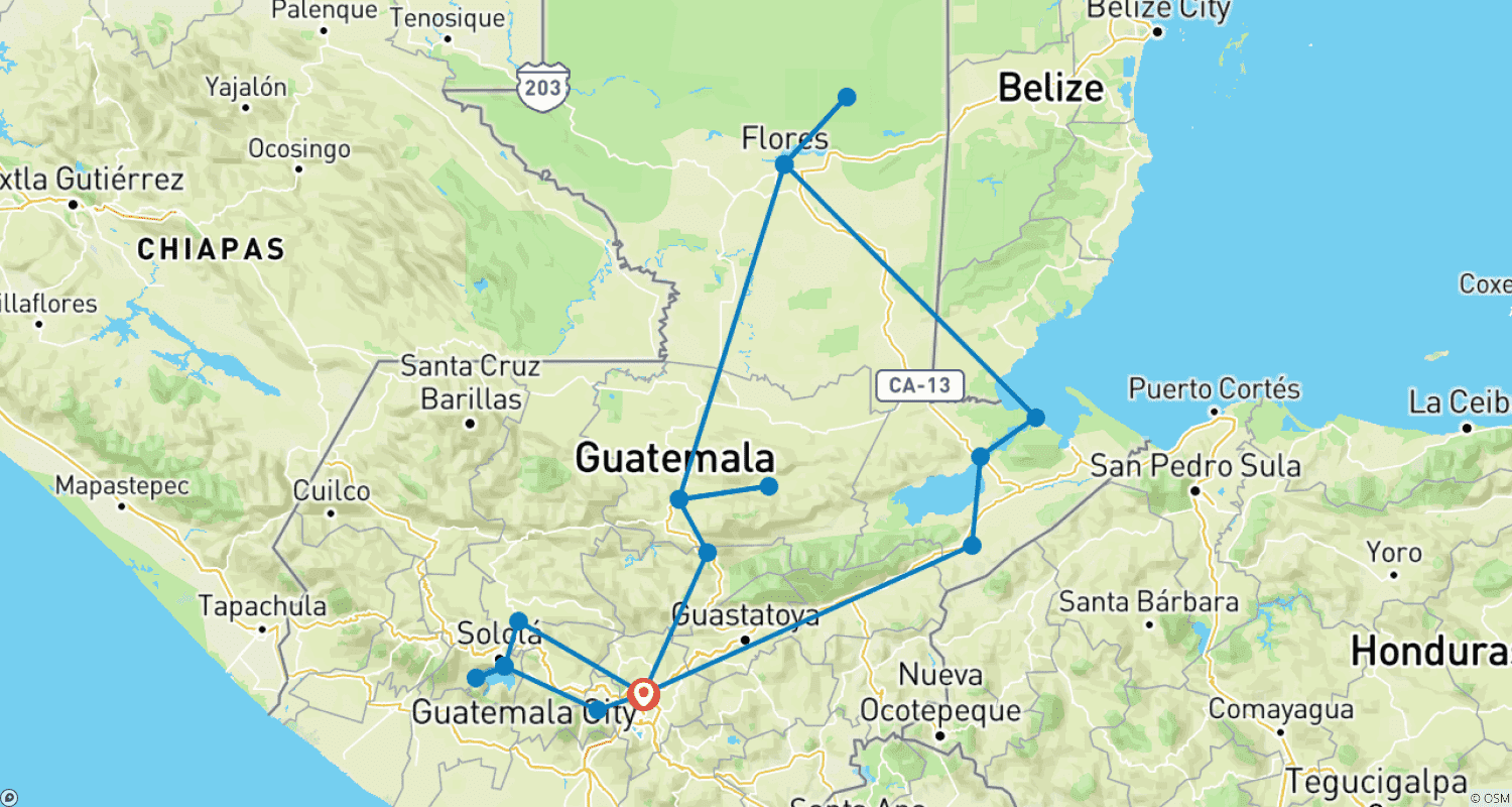 Mapa trasy: Gwatemala lądem w 11 dni