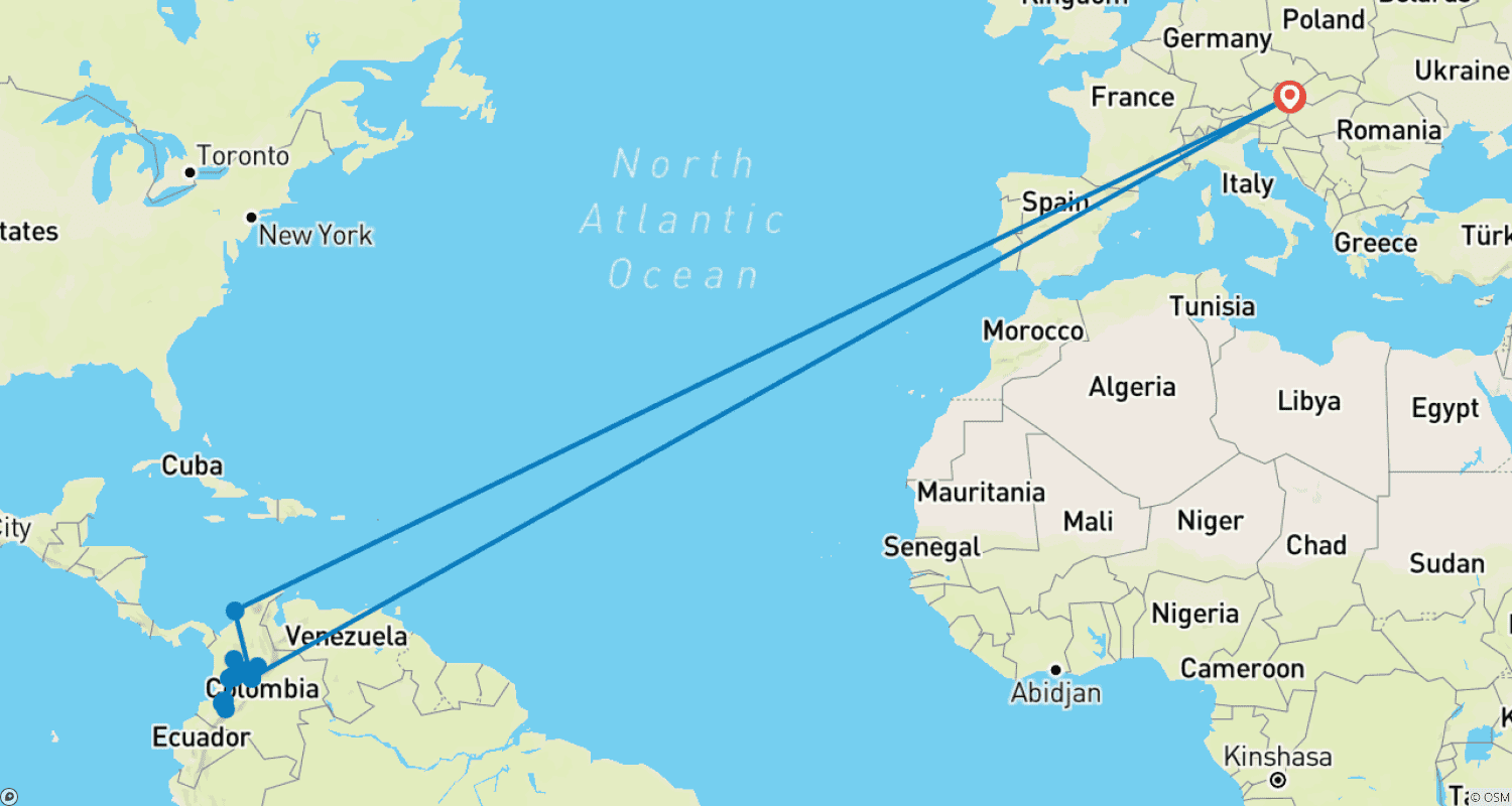 Mapa do percurso de Esplendor Colonial da Colômbia Encontra Beleza Cênica
