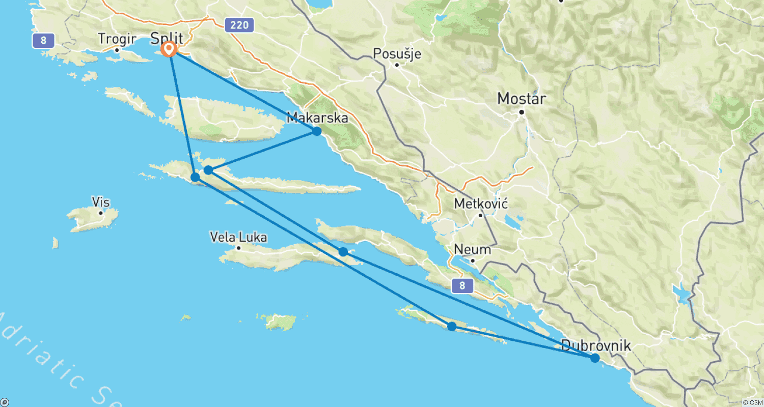 Mapa do percurso de Vela na Croácia