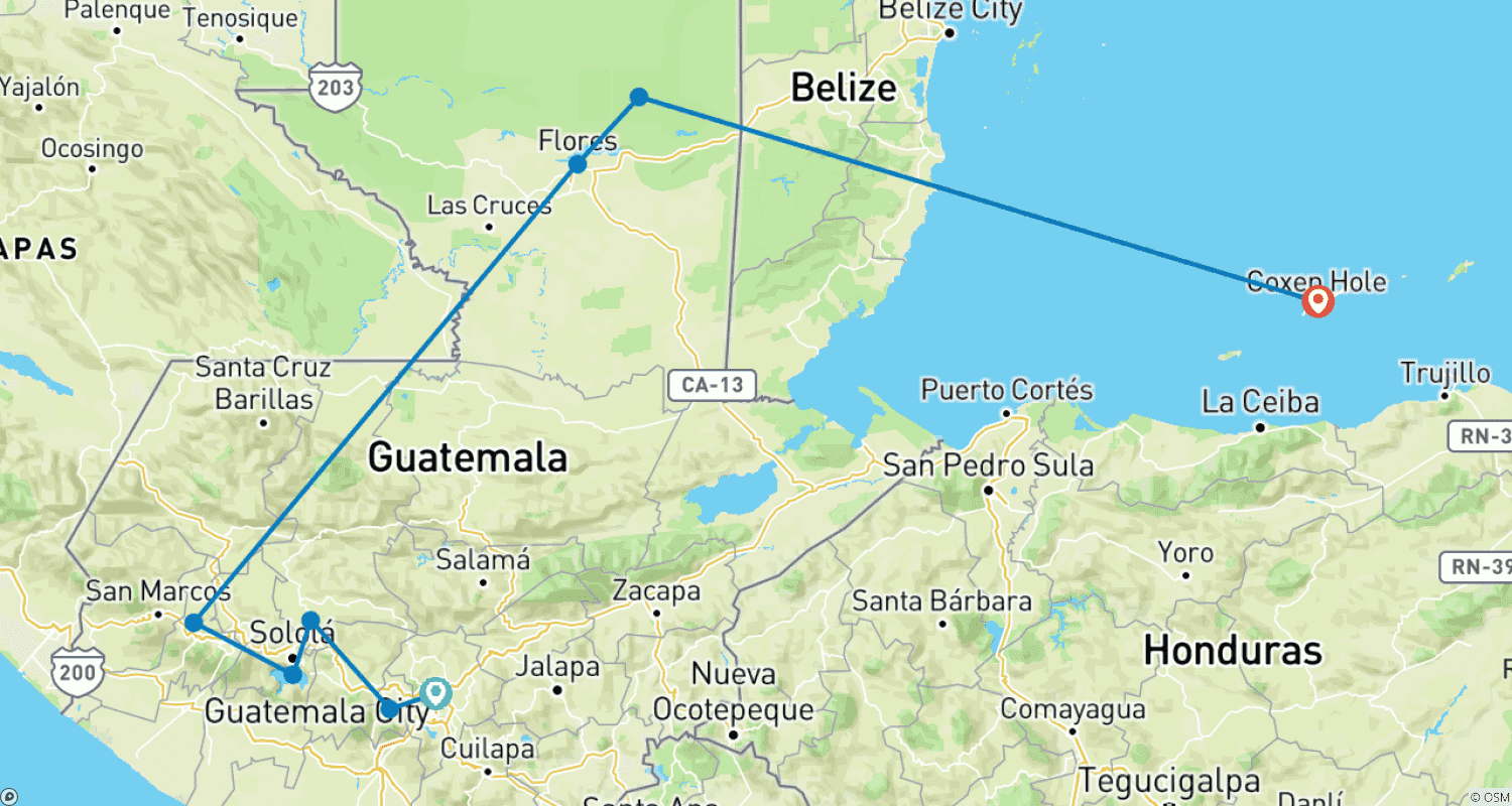 Mapa trasy: Esencja Gwatemali i Roatanu w 8 dni