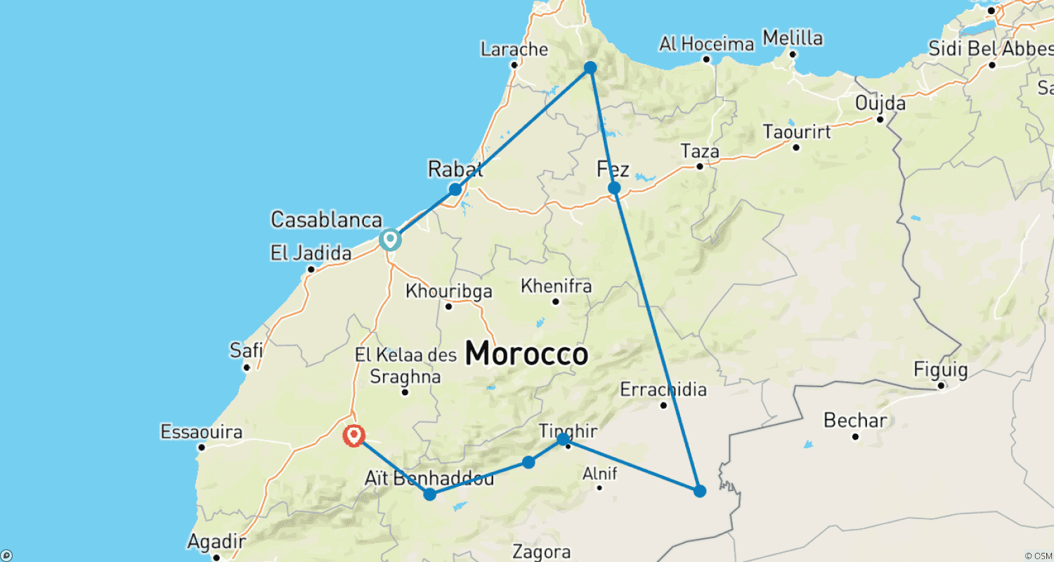 6 Days Group Morocco Tour from Casablanca to Marrakechのルートマップ