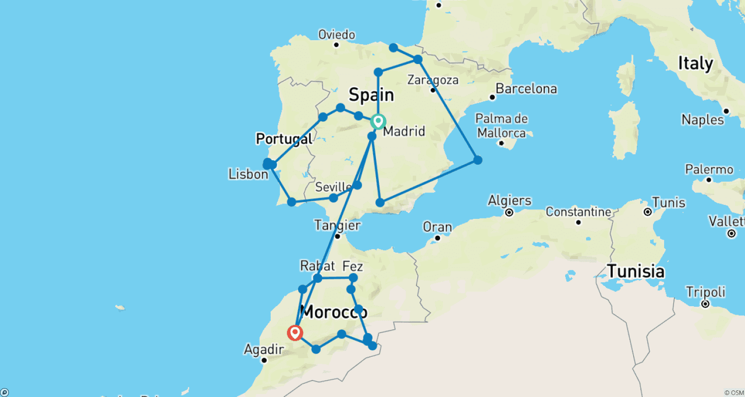 خريطة مسار Spain, Portugal & Morocco Uncovered (Summer)