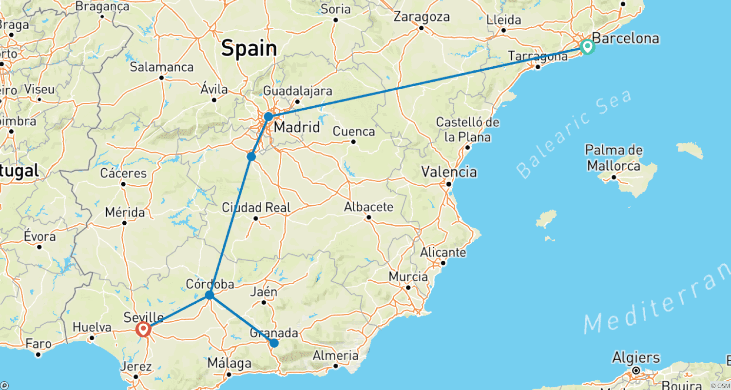 Mapa do percurso de O Melhor da Espanha em Tour Privado
