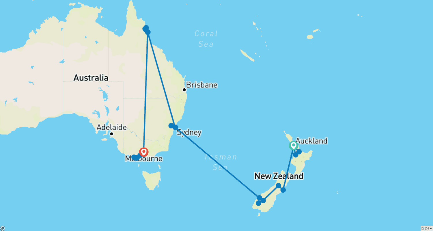 Iconic New Zealand & Australia Adventureのルートマップ