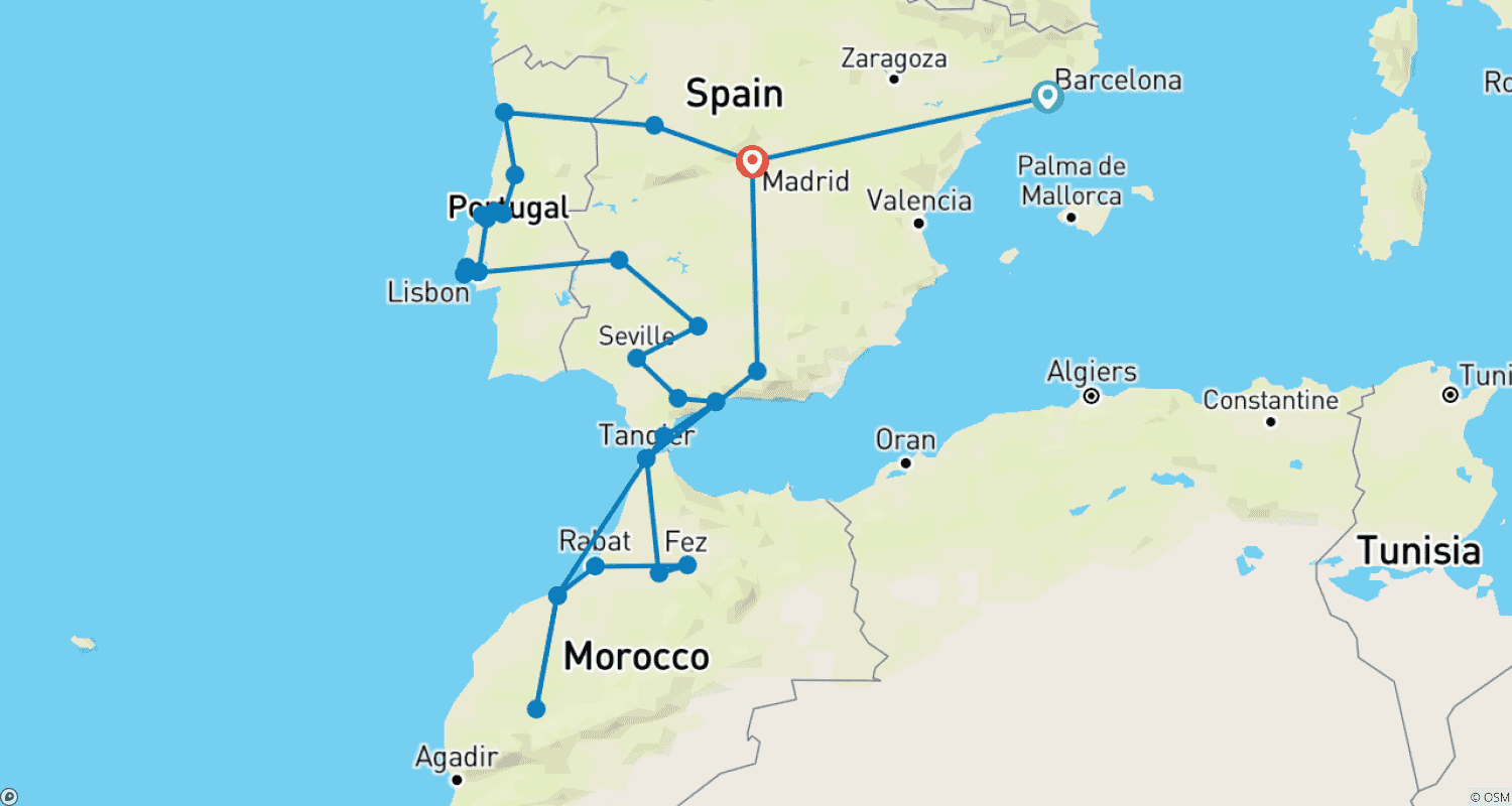 Mapa do percurso de 22 Day Tour Barcelona & Portugal & Andalusia & Morocco