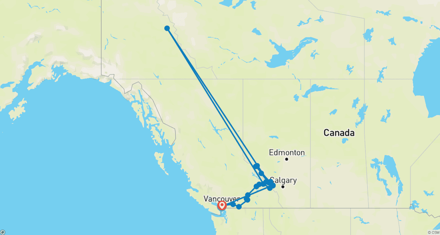 خريطة مسار Six Mountain National Parks to the West Coast