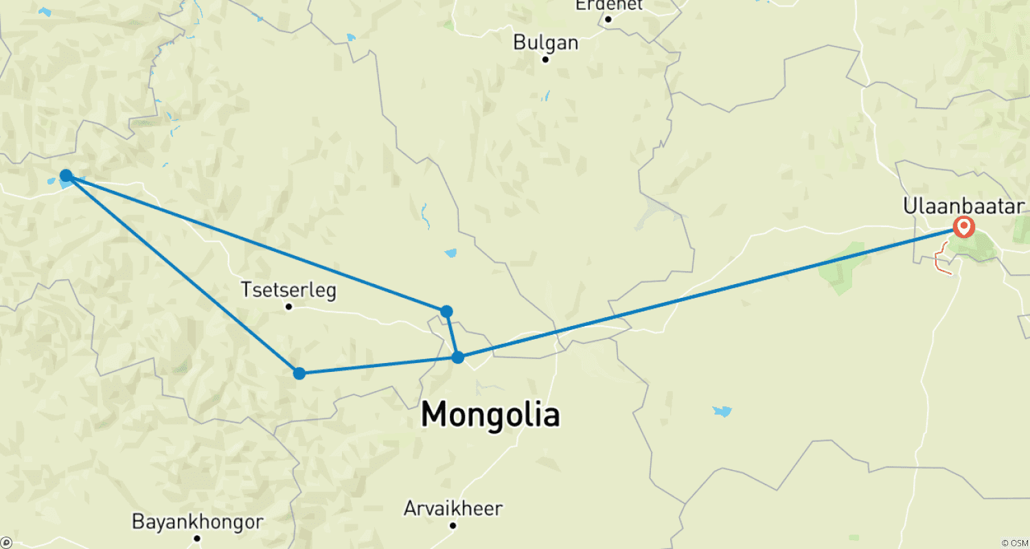 Mapa do percurso de Tour de Estilo de Vida Nômade na Mongólia Central - Fontes Termais de Tsenkher