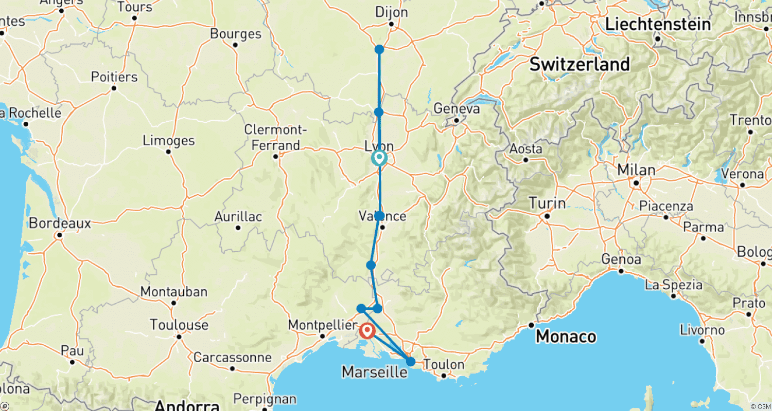 خريطة مسار Burgundy & Provence (2026) (Lyon to Arles, 2026)
