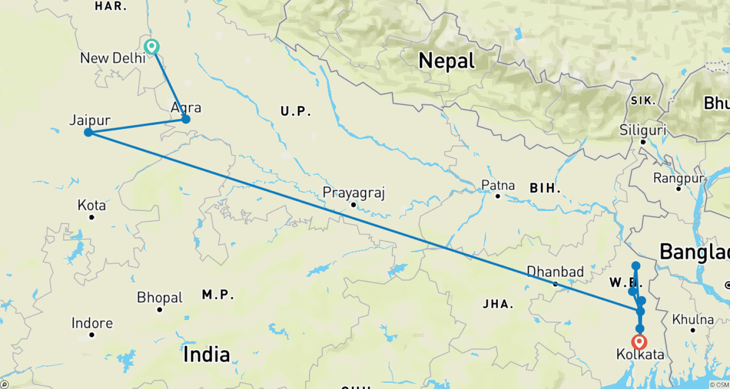 Mapa do percurso de India's Golden Triangle & the Sacred Ganges (2026) (New Delhi to Kolkata, 2026)