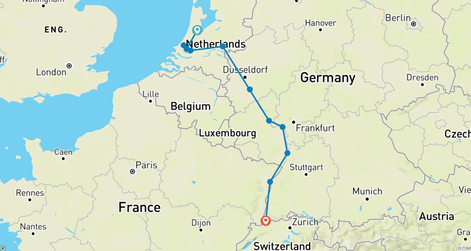 Mapa do percurso de Reno Notável e Holanda Histórica (2026) (Amsterdã a Basileia, 2026)