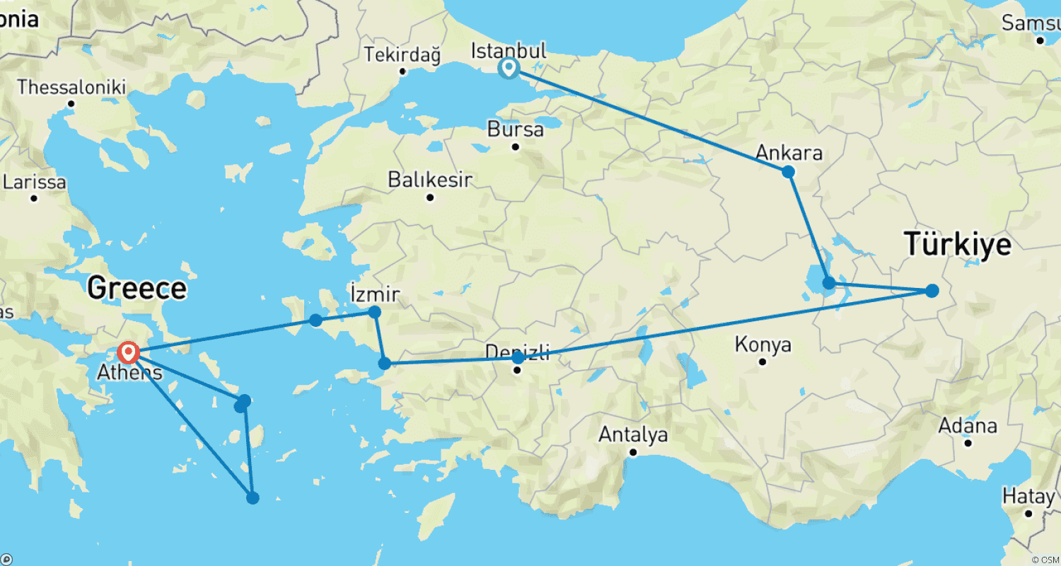 Mapa do percurso de Turquia, Atenas e Santorini com Mykonos (2026)