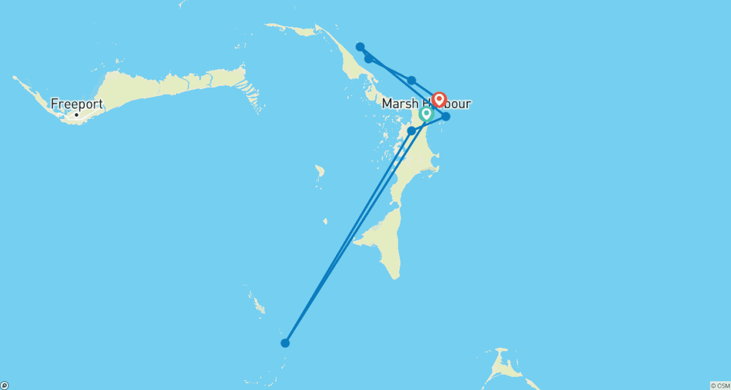Mapa do percurso de Flotilha de catamarã: abril e maio de 2025 nas Ilhas Abaco, Bahamas