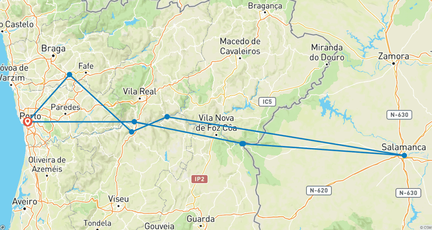 Mapa do percurso de From Portugal to Spain: Porto, the Douro Valley (Portugal) and Salamanca (Spain) (port-to-port cruise) - AMALIA RODRIGUES