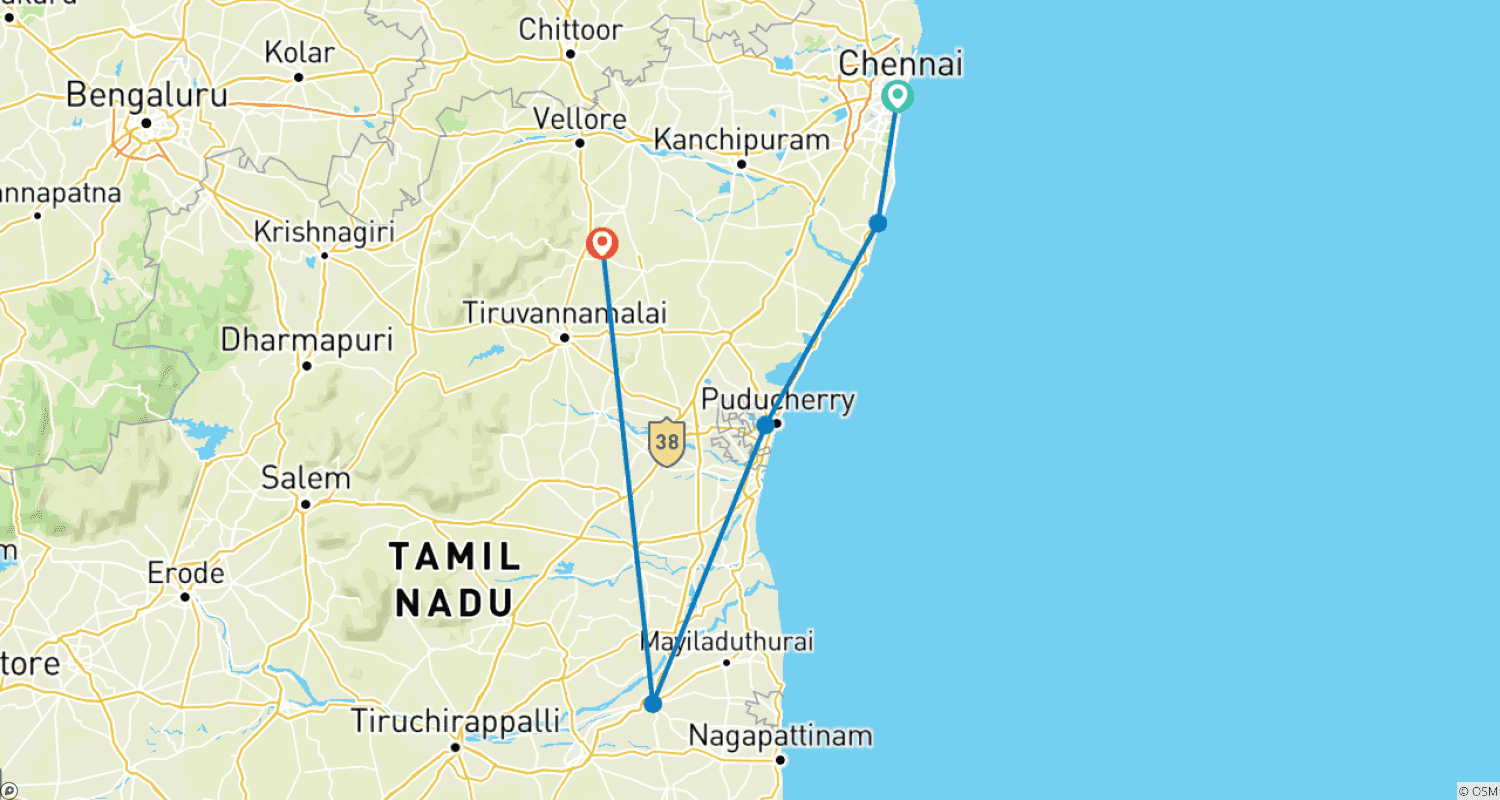 Mapa trasy: 7-dniowa Prywatna Duchowa Wycieczka z Chennai do Tiruvannamalai