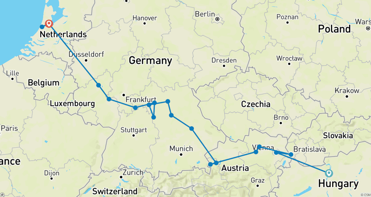 Magnificent Europe Budapest → Amsterdam (2026)のルートマップ