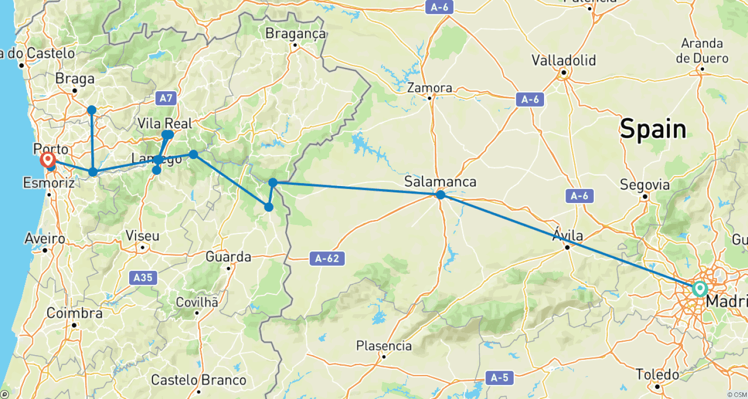 Douro Delights Madrid → Porto (2026)のルートマップ