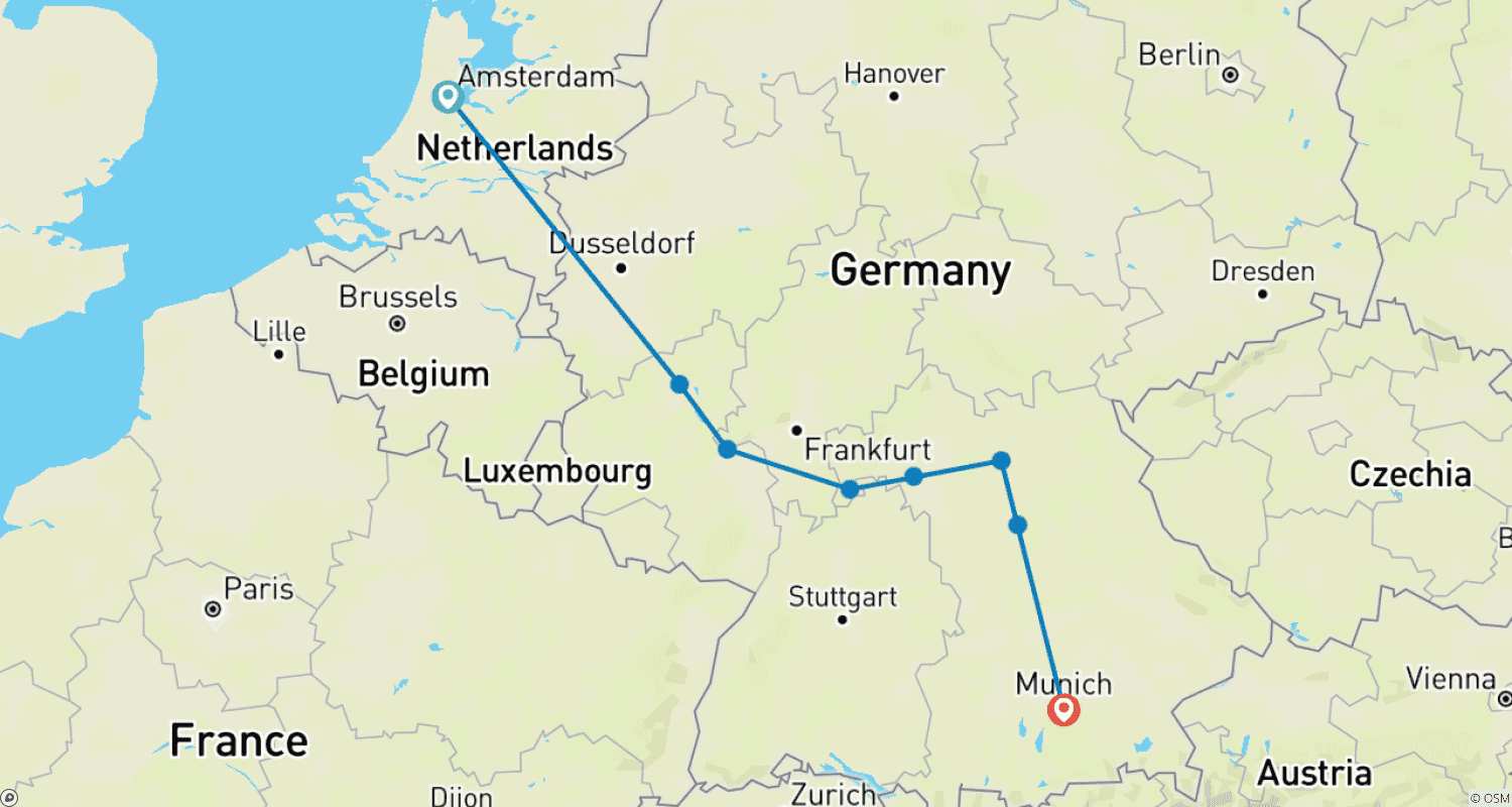 Mapa trasy: Najważniejsze atrakcje Renu i Menu Amsterdam → Monachium (2026)