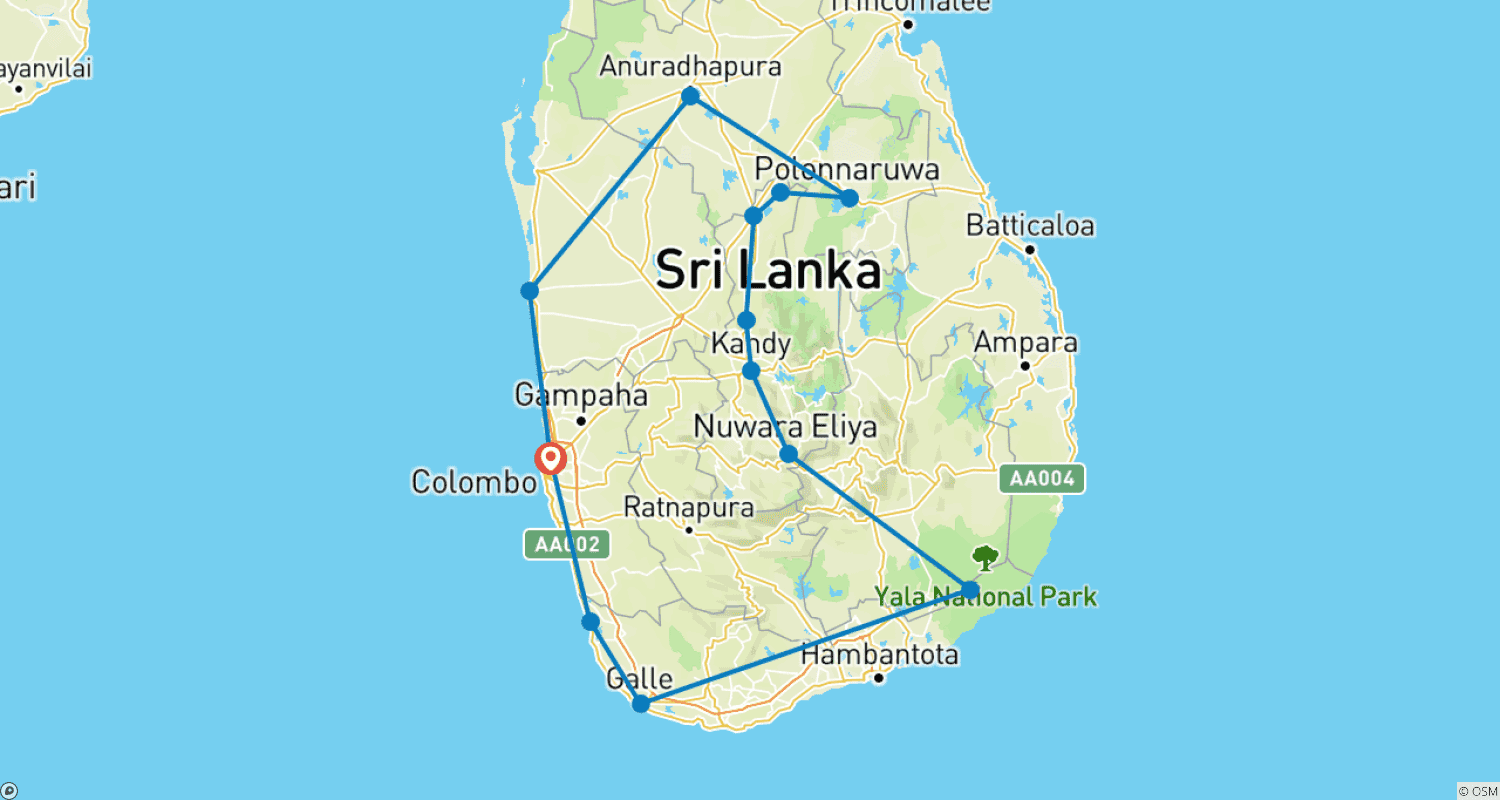 Mapa do percurso de Templos, Chá e Leopardos no Sri Lanka com G Experiences