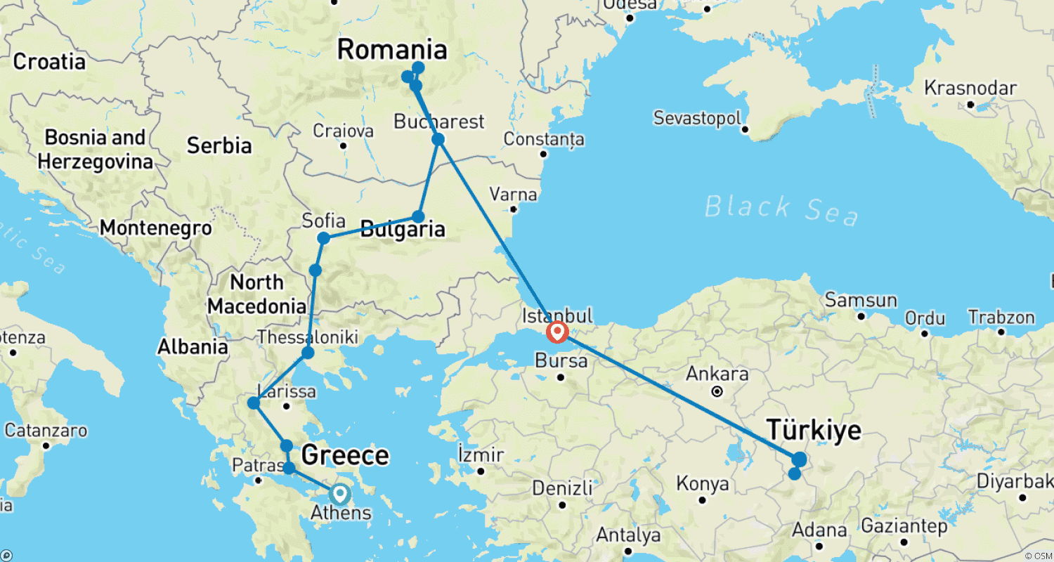 Mapa trasy: Z Aten do Kapadocji przez Bukareszt i Stambuł - 3 LOTY W CENIE - Wycieczka w małej grupie