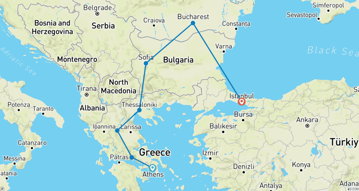 Mapa do percurso de De Atenas a Istambul via Bucareste - Descobrindo Maravilhas Antigas 1 VOO INCLUÍDO - Excursão em Grupo Pequeno