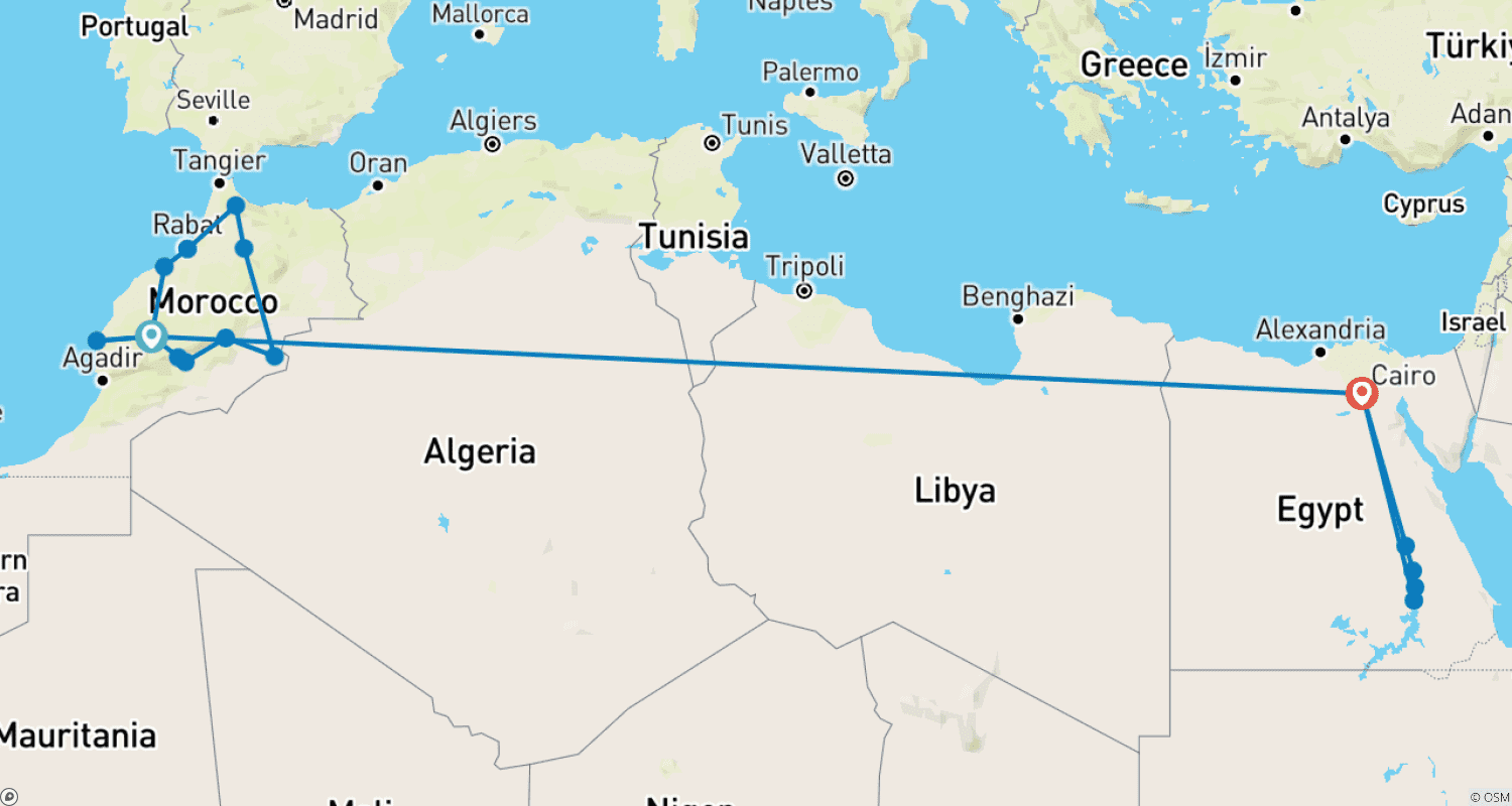 Mapa do percurso de Grande Viagem de Luxo de 20 Dias por Marrocos e Egito (Personalizável)
